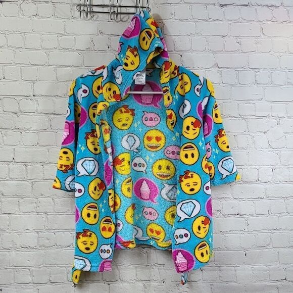 Emoji Plush Furry Fleece Blue Hooded Bathrobe Girls XS 4 Tie Robe Colorful Cute - Picture 8 of 10